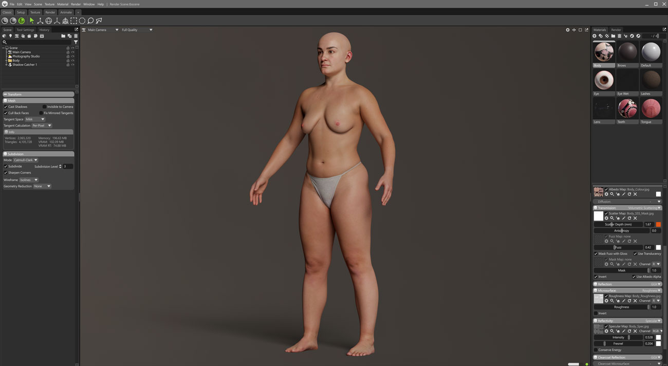 Full body female 3D scan rendered in Marmoset Toolbag with real-time PBR lighting and materials applied